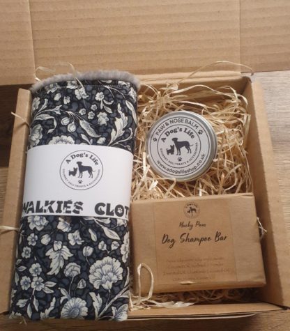 Pamper Gift Set - Balm, Shampoo Bar, Muddy Paw Cloth - Grey & Black Floral