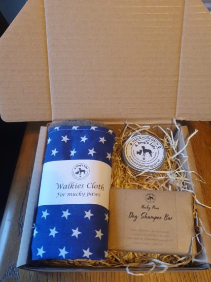 Pamper Gift Set - Balm, Shampoo Bar, Muddy Paw Cloth - Blue Stars